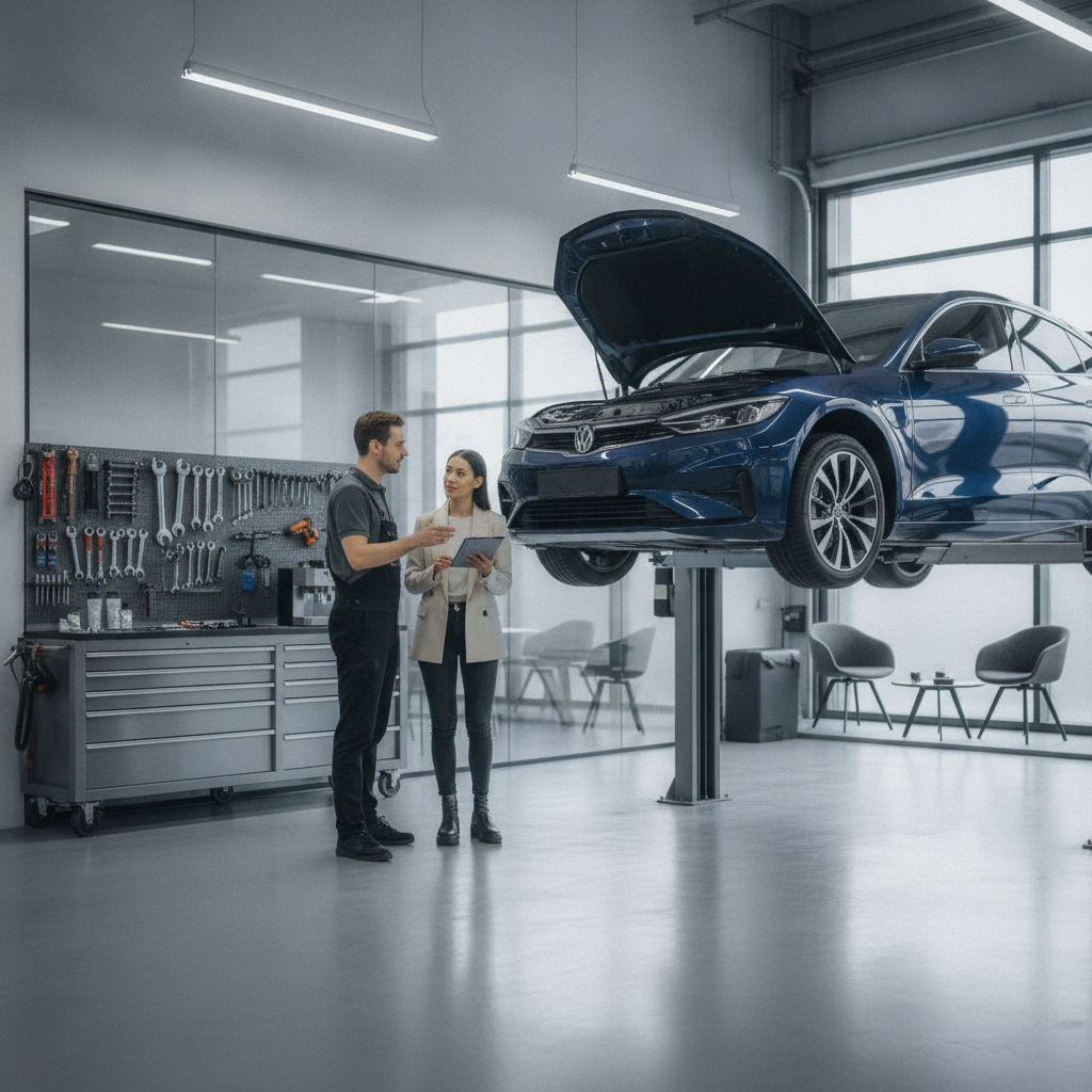 Intérieur moderne et propre d'un garage automobile avec mécanicien et client.