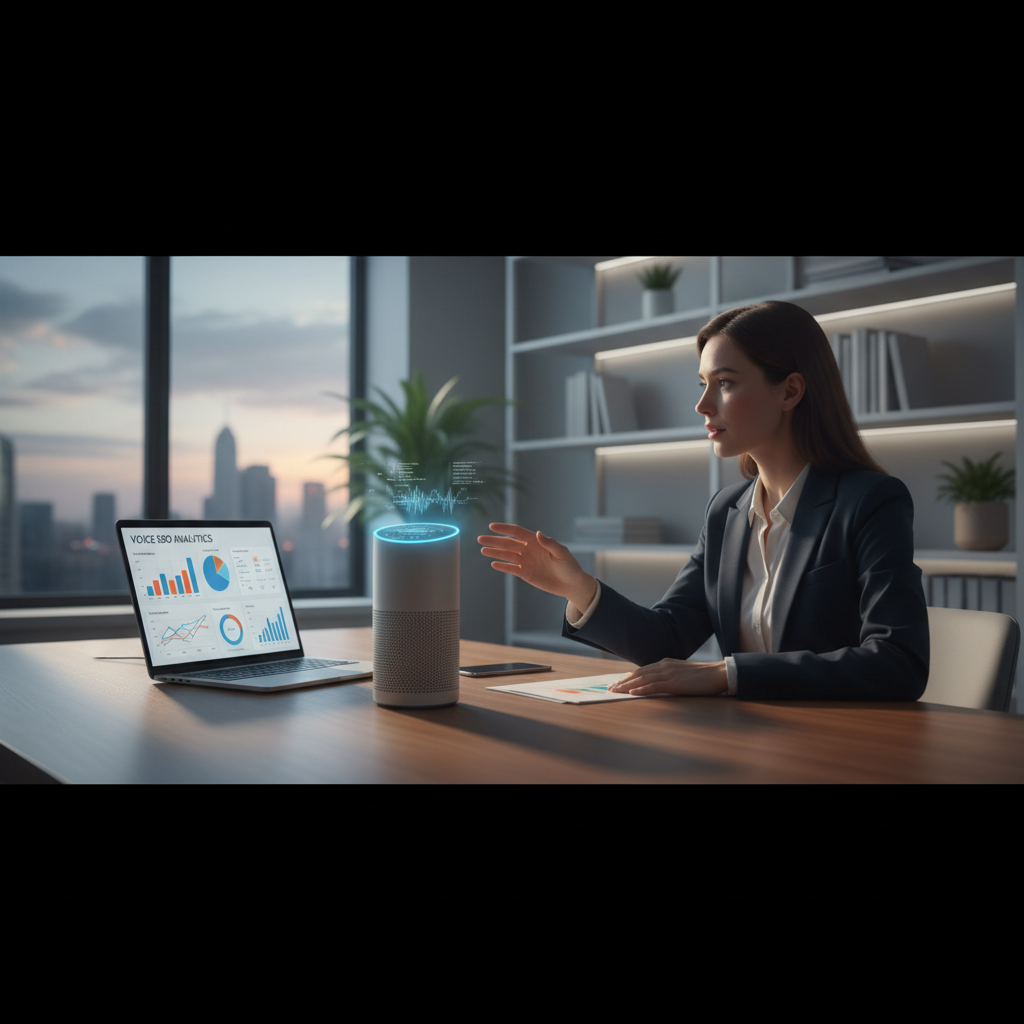 Entrepreneure utilisant la recherche vocale avec un assistant sur son bureau.