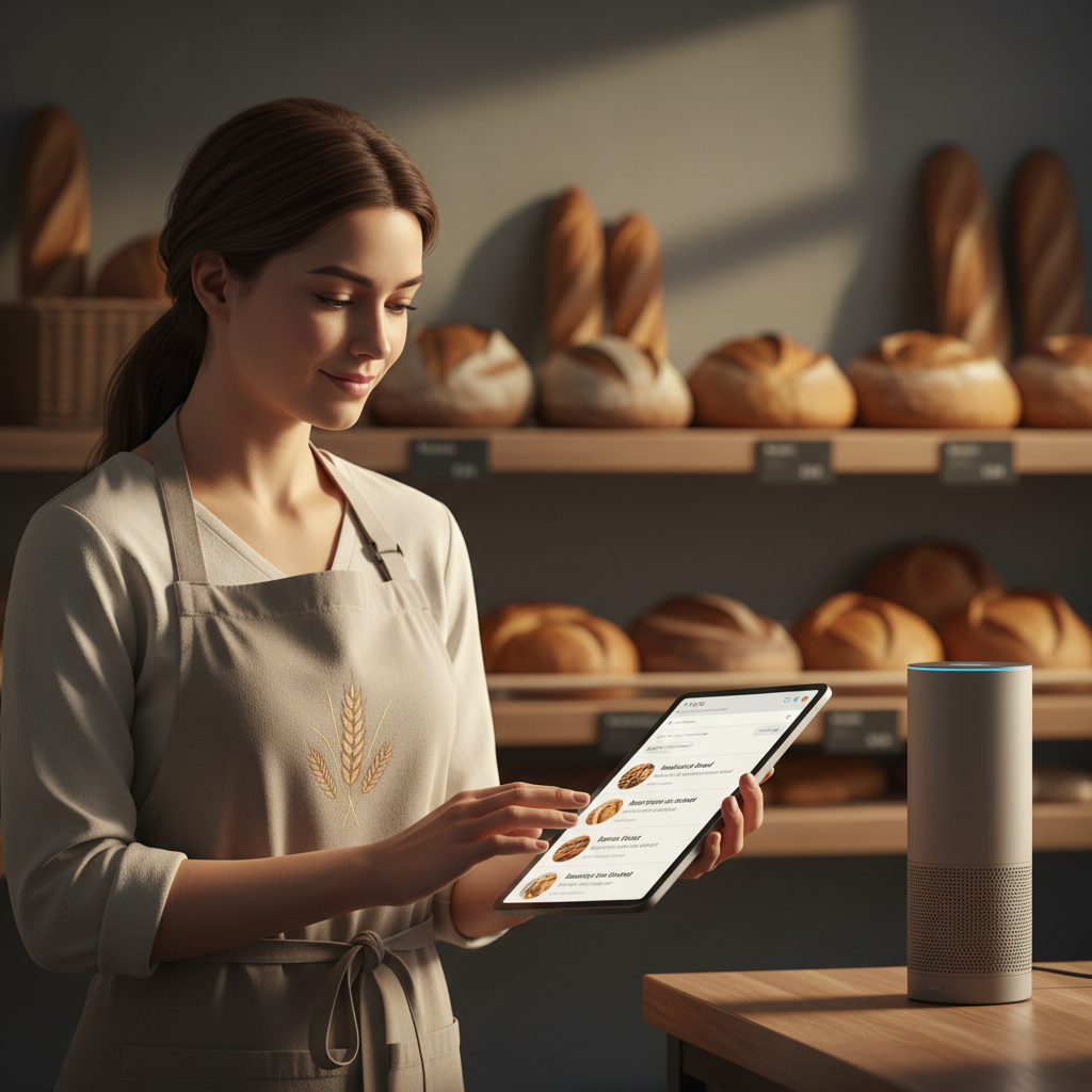 Propriétaire de boulangerie examinant les résultats de recherche vocale sur tablette.