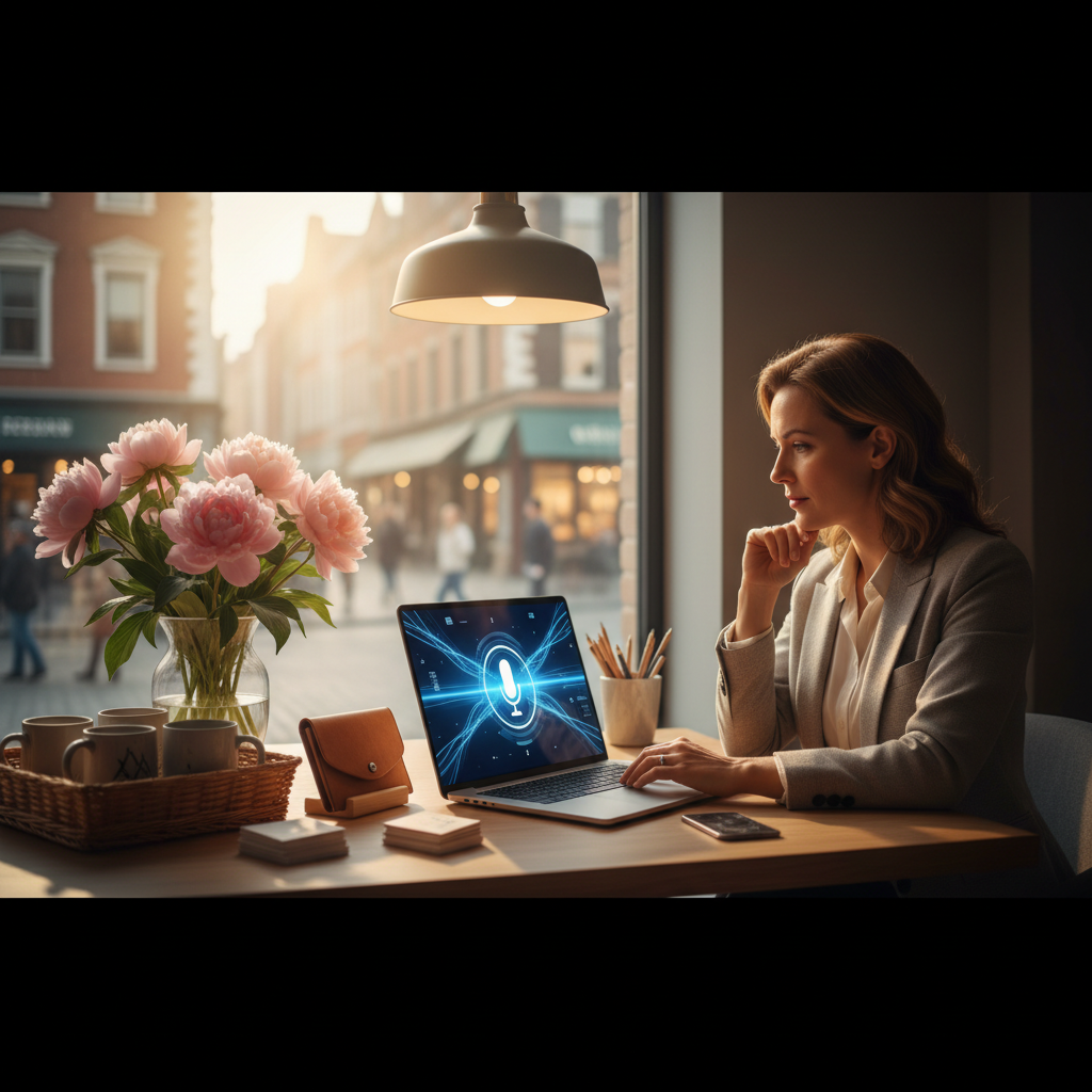 Une femme devant un ordinateur portable avec un assistant vocal.