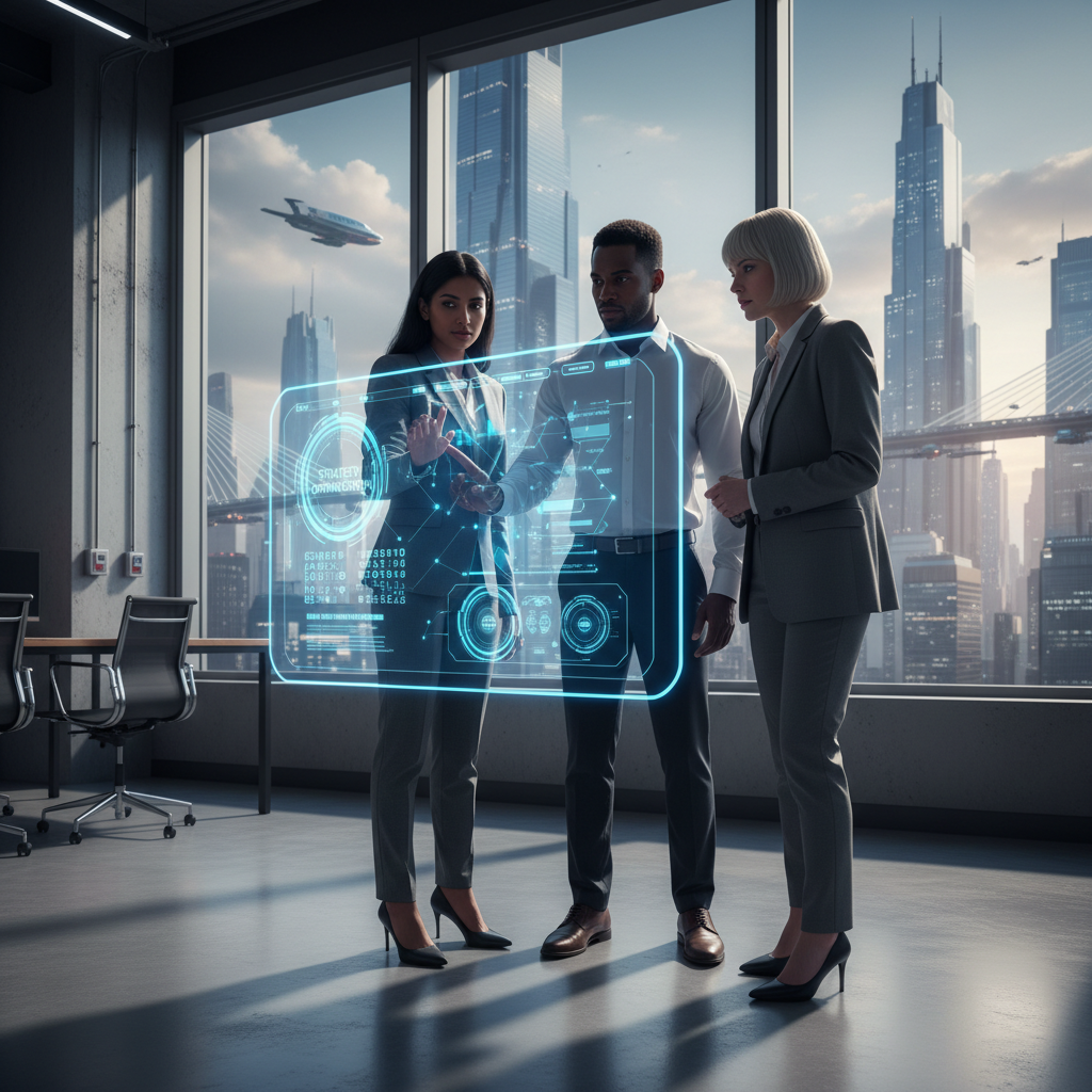 Professionnels analysant une interface web holographique dans un bureau moderne.