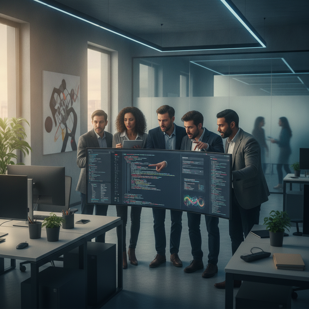 Une équipe de développeurs collaborant devant un écran affichant du code.