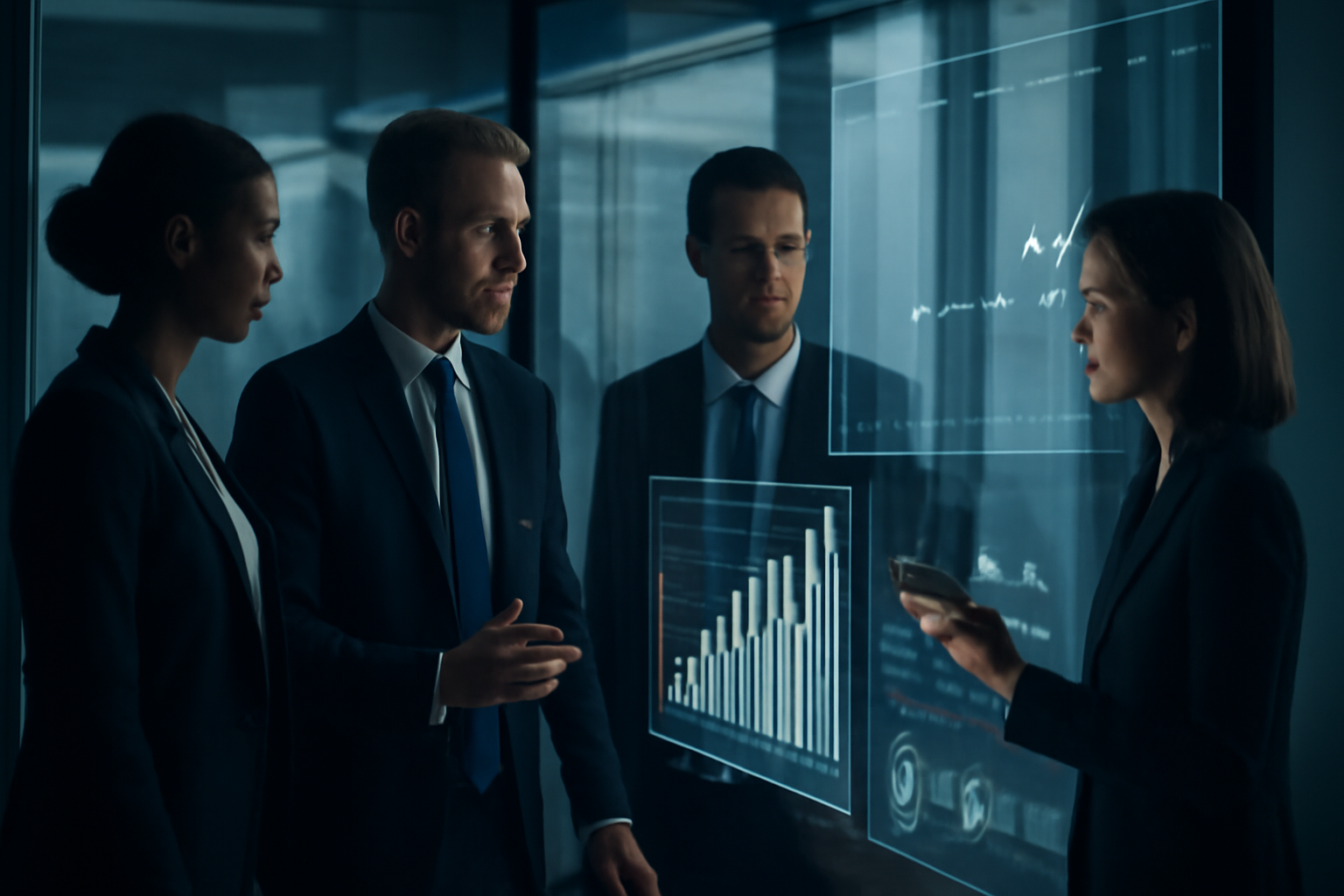 Professionnels en réunion analysant des données de performance numérique pour le ROI.