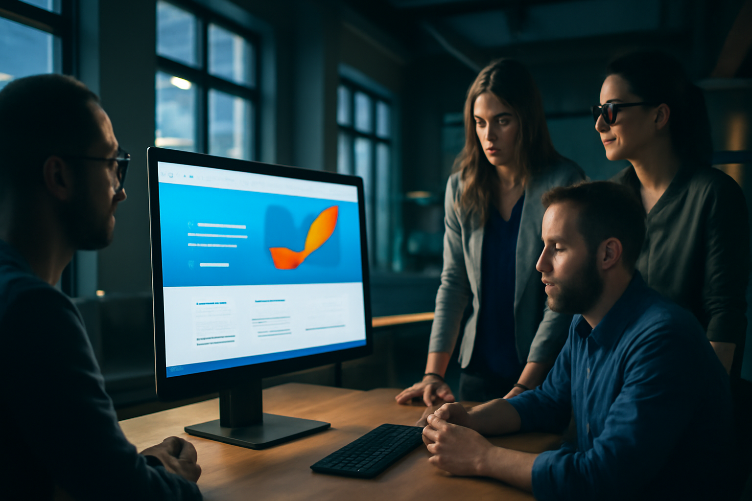 Équipe d'une agence web moderne à Rennes en pleine collaboration.