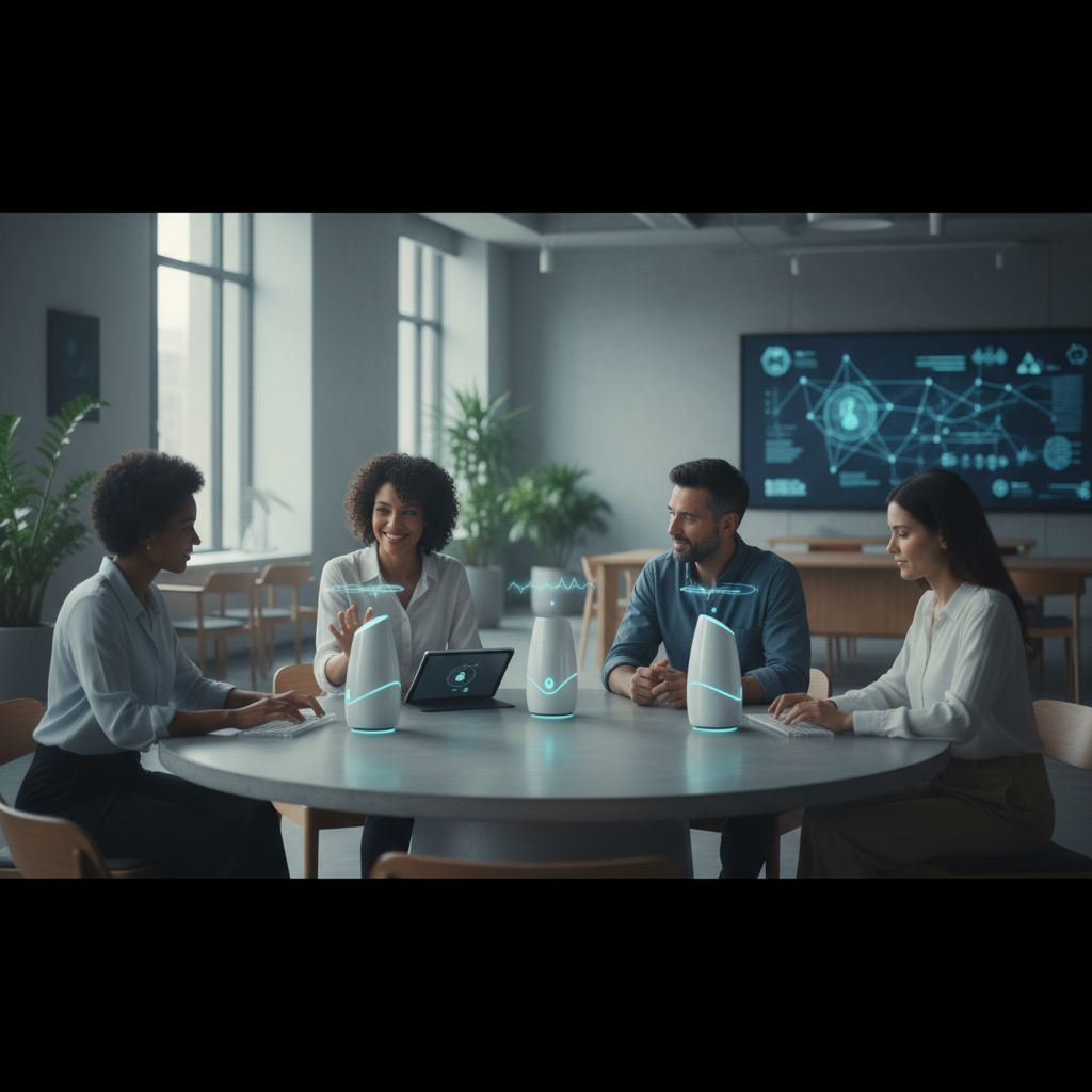 Des entrepreneurs interagissant avec des agents IA vocaux dans un bureau moderne.