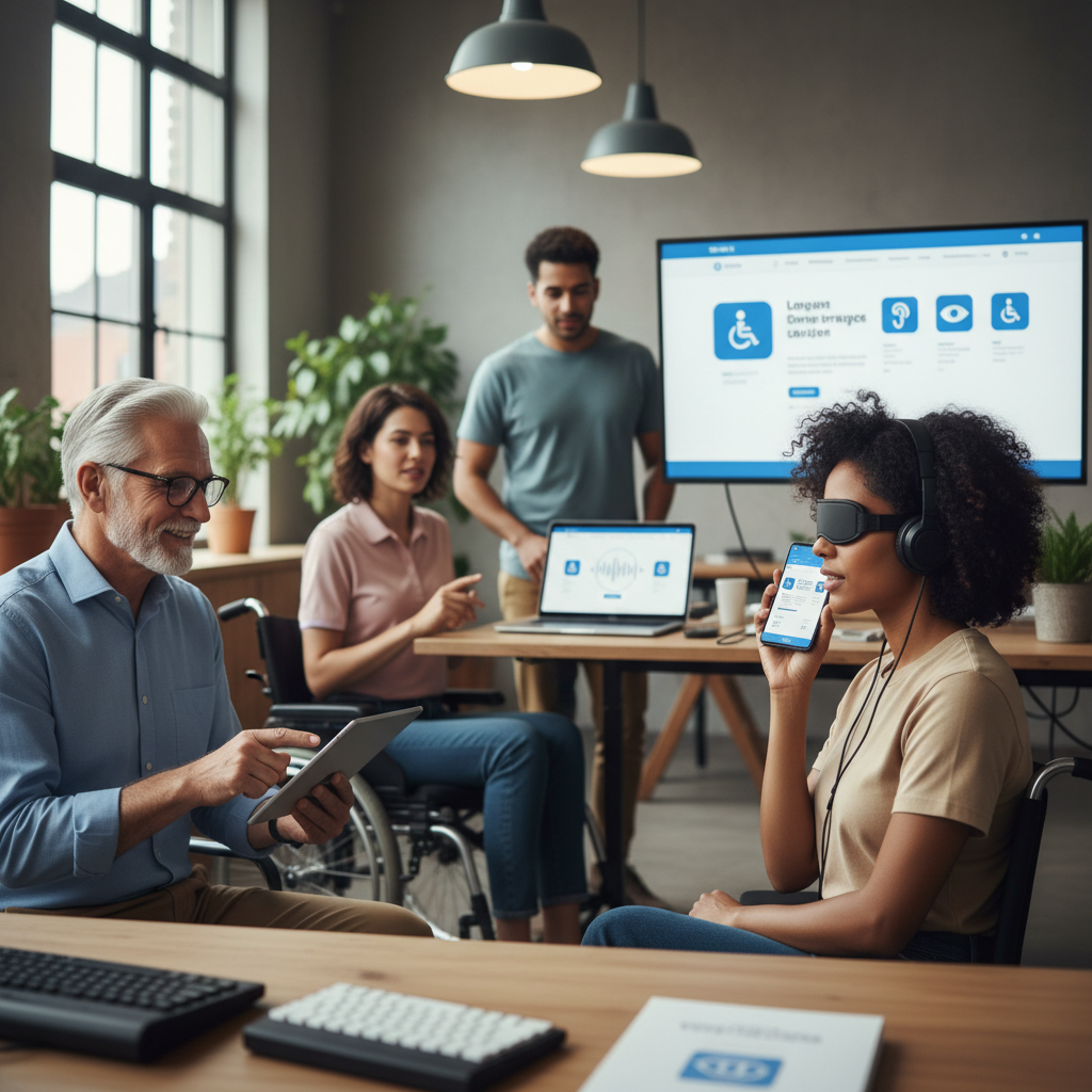 Groupe diversifié utilisant des interfaces numériques accessibles, reflétant l'inclusion.