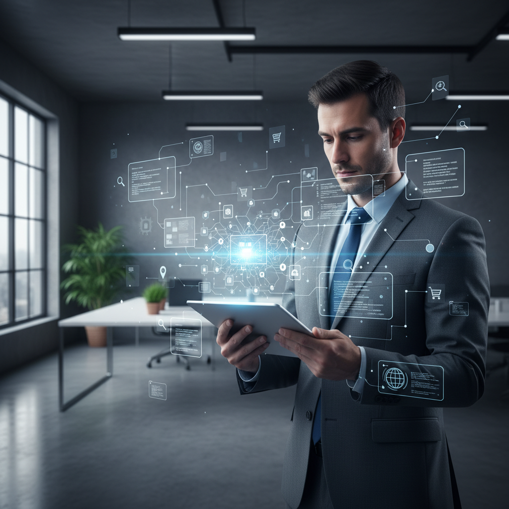 Une personne examine un schéma digital complexe entouré de rich snippets en réalité augmentée.
