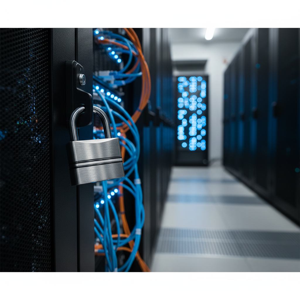 Gros plan sur un cadenas sur un rack de serveurs en centre de données sécurisé.