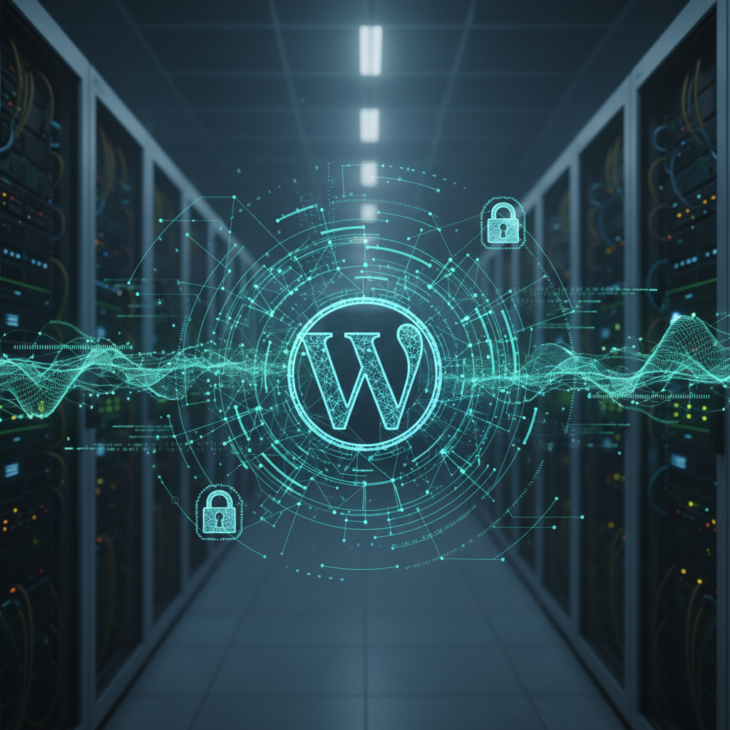 Réseau numérique sécurisé protégeant un logo WordPress dans un centre de données.