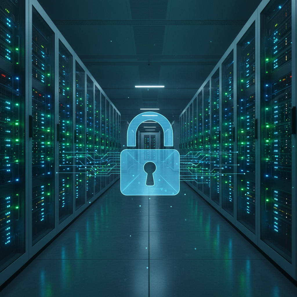 Une salle de serveurs moderne symbolisant la cybersécurité avec un cadenas numérique.