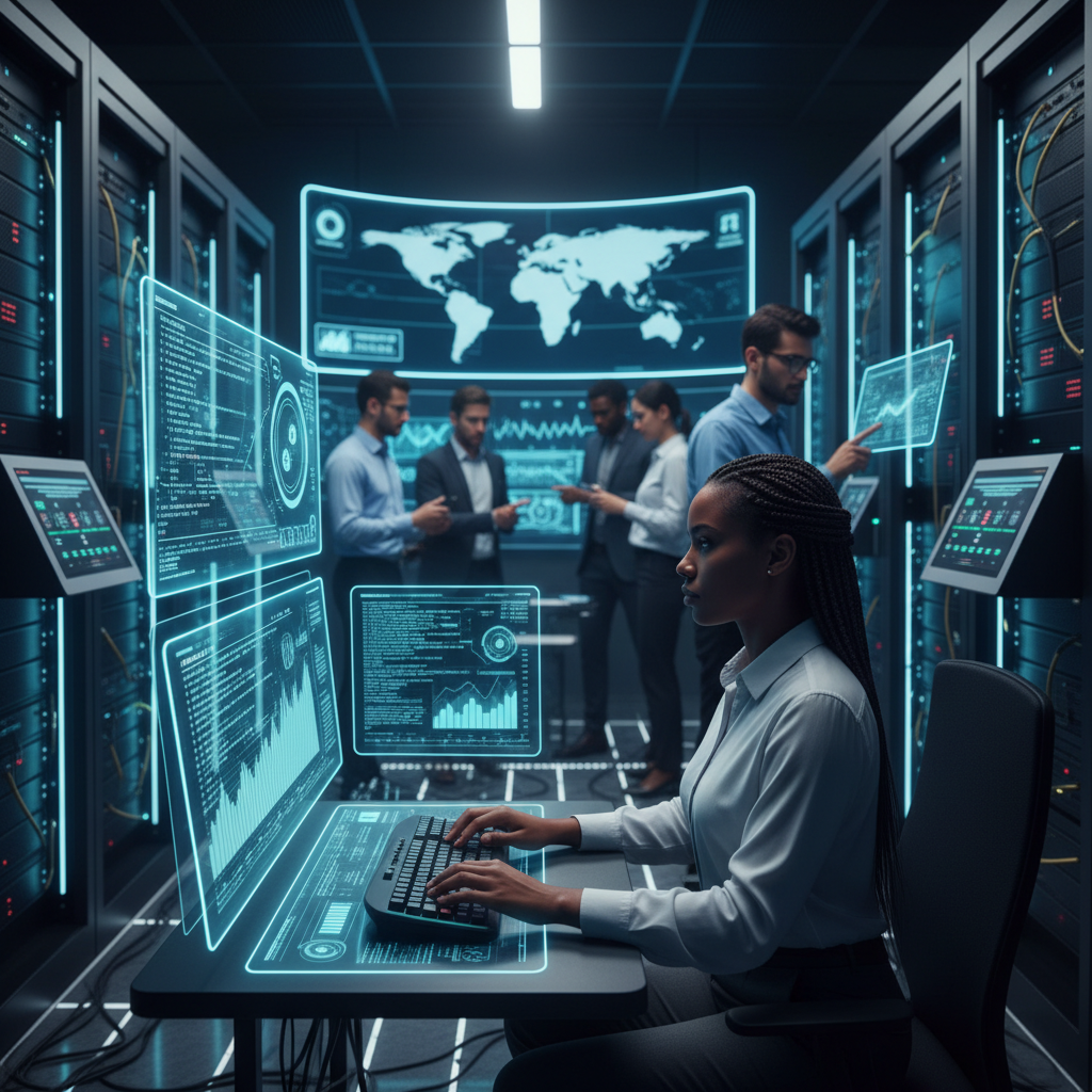 Experts en cybersécurité analysant des données sur des écrans holographiques dans un datacenter sécurisé.