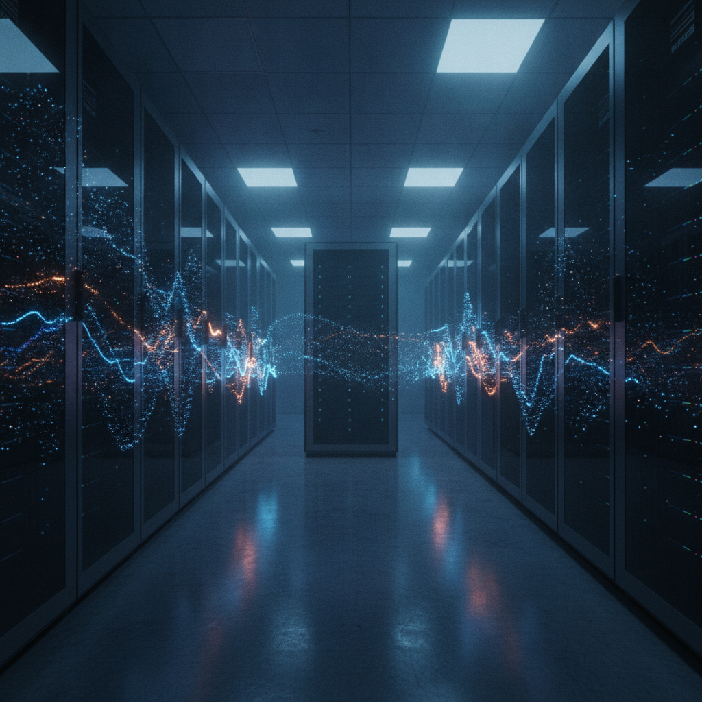 Serveurs sécurisés dans un datacenter illuminé avec des flux de données.