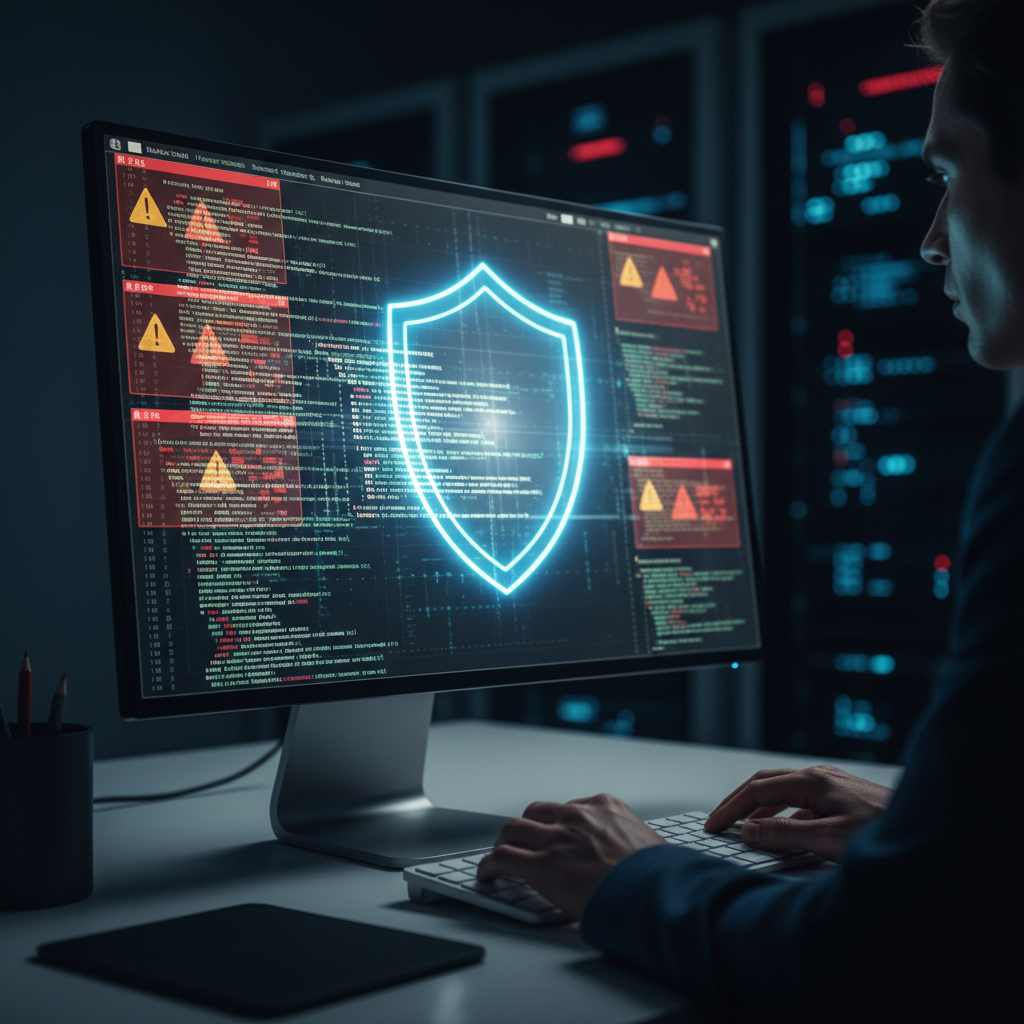 Écran d'ordinateur affichant des alertes de sécurité avec un bouclier protecteur.