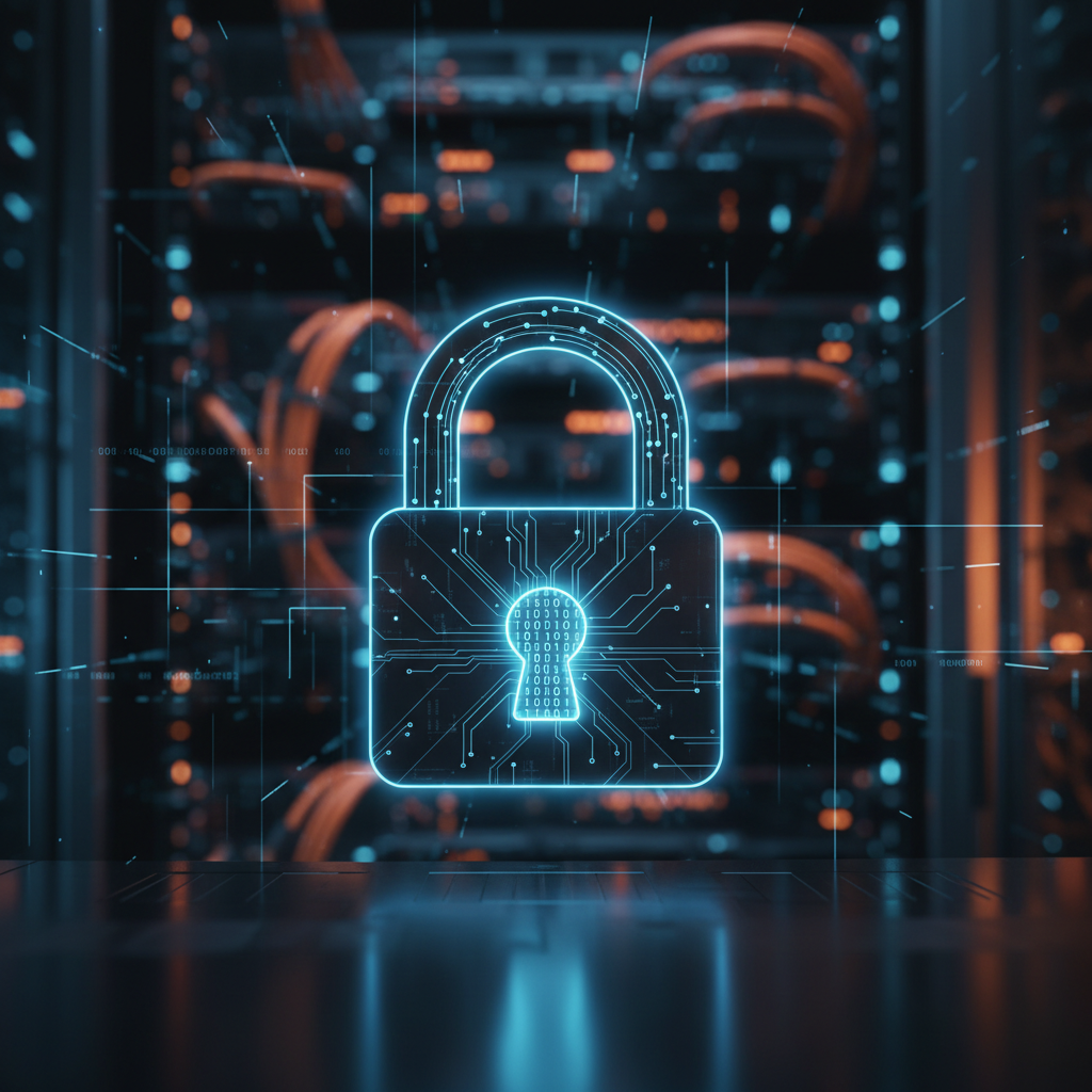 Un cadenas numérique sécurisé bleu sur un fond de réseau informatique flou.