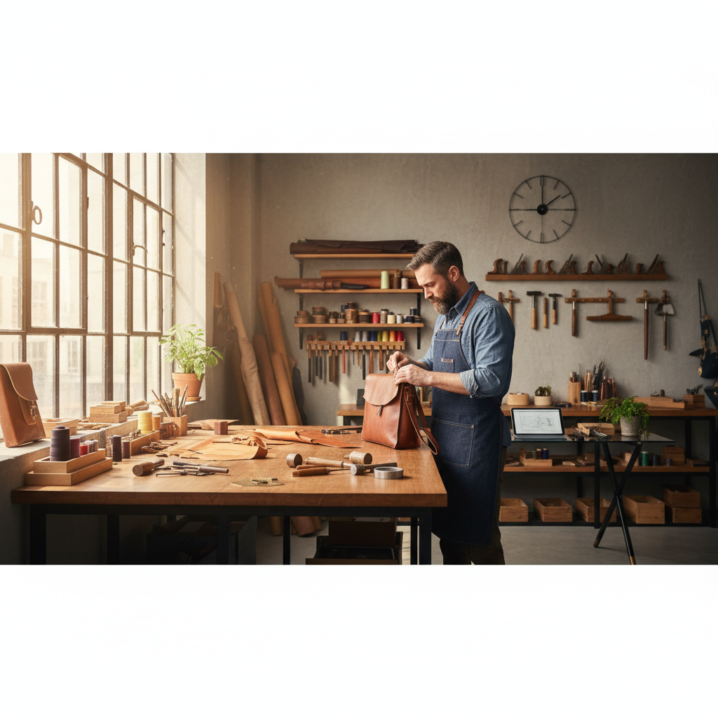 Artisan concentré dans un atelier moderne, outils apparents, lumière naturelle.