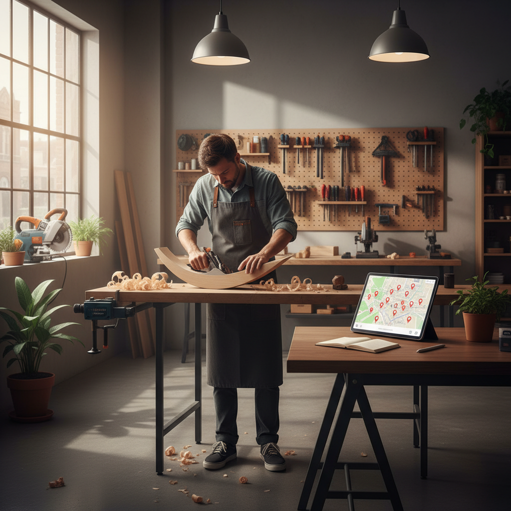Intérieur d'un atelier d'artisan moderne, avec un menuisier et une tablette affichant une carte locale.