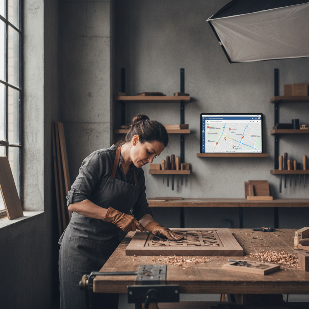 Artisan travaillant, tablette affichant des résultats de recherche locale.