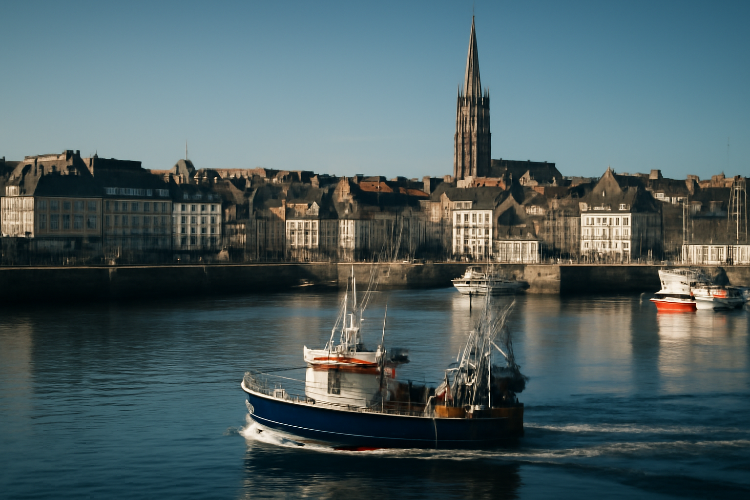Vue photoréaliste du port de Brest et de son activité maritime.