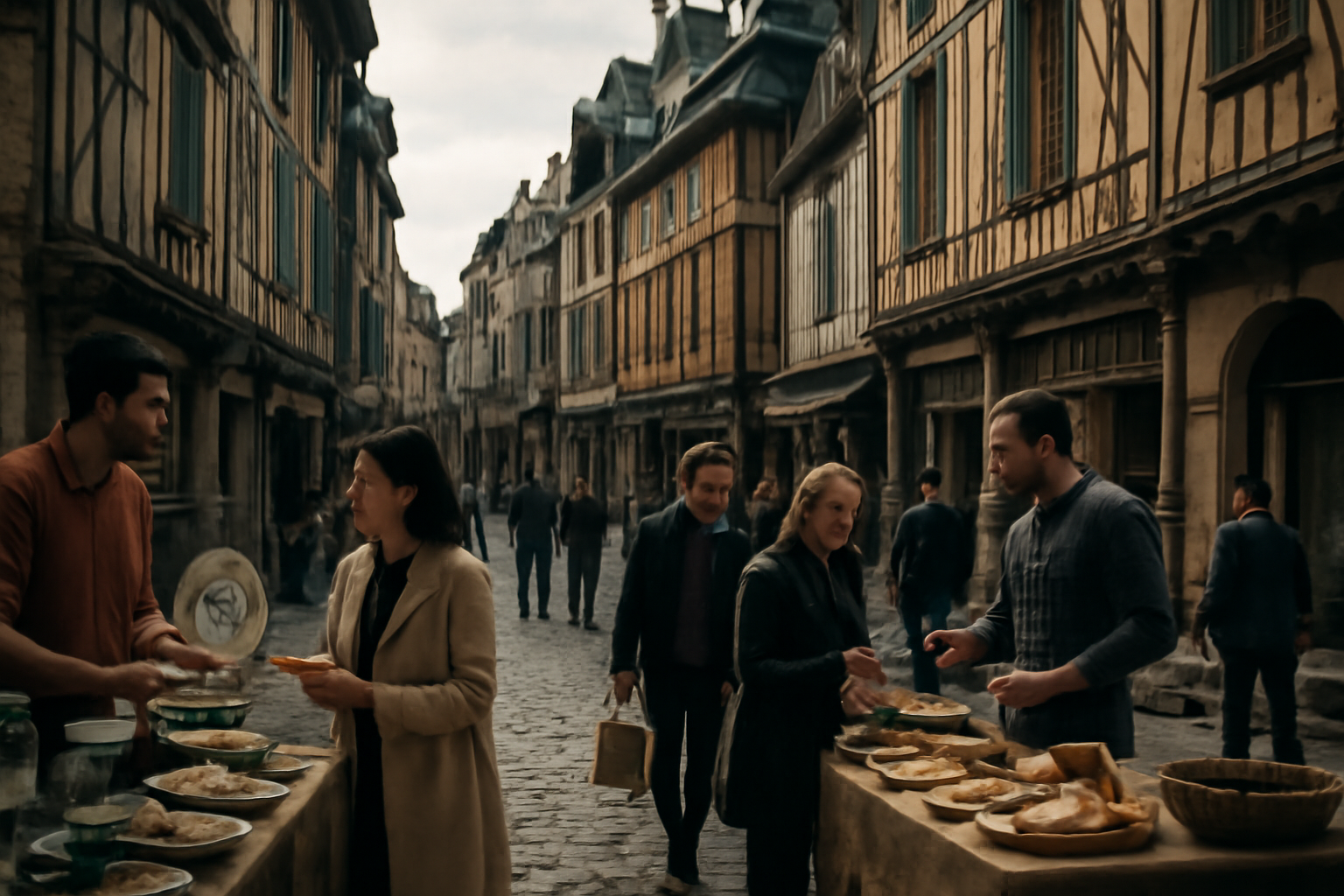 Scène de rue animée à Limoges avec artisans et architecture traditionnelle.
