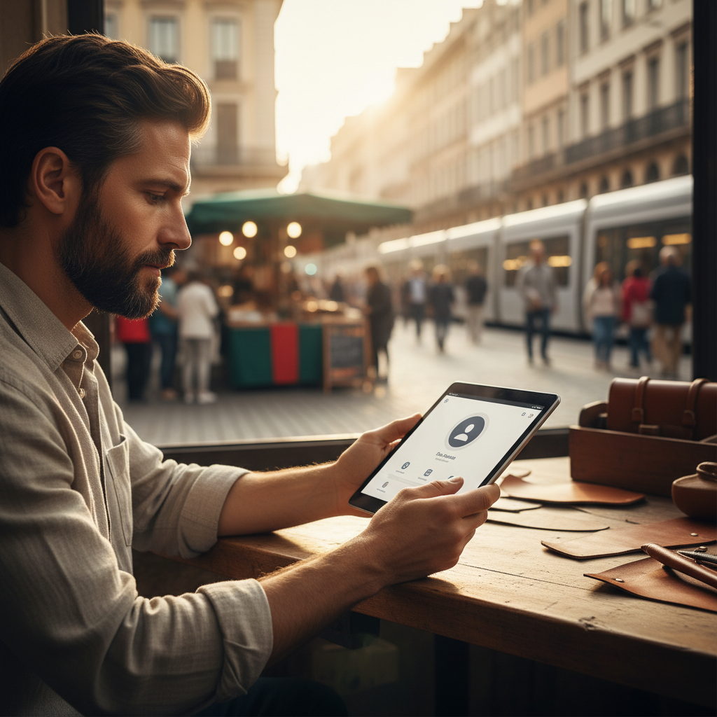 Un artisan utilisant une tablette pour optimiser sa visibilité locale.