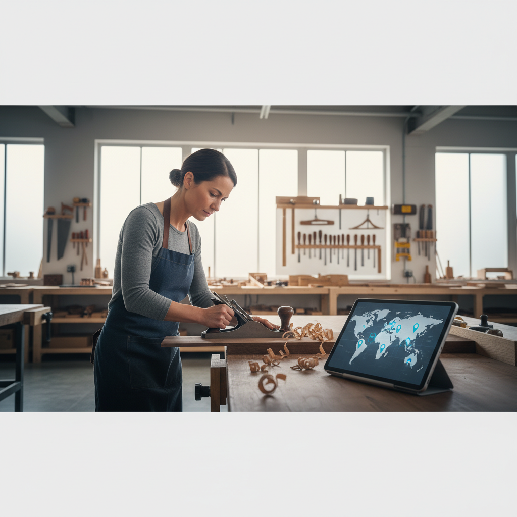 Artisan travaillant, outils organisés, tablette affiche carte locale.