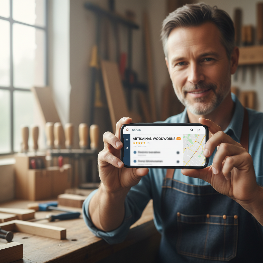 Artisan ébéniste souriant devant son smartphone, SEO local réussi.