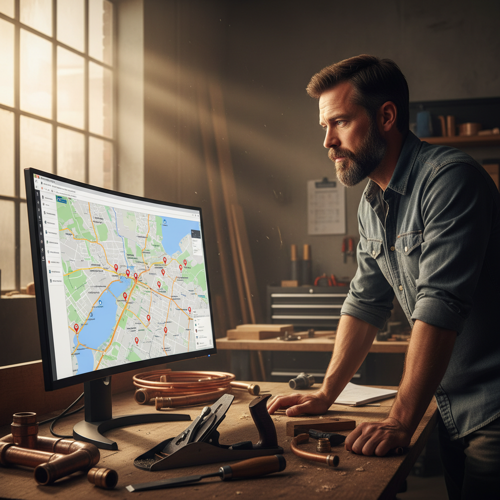 Artisan moderne analysant les résultats de recherche locale sur un ordinateur.