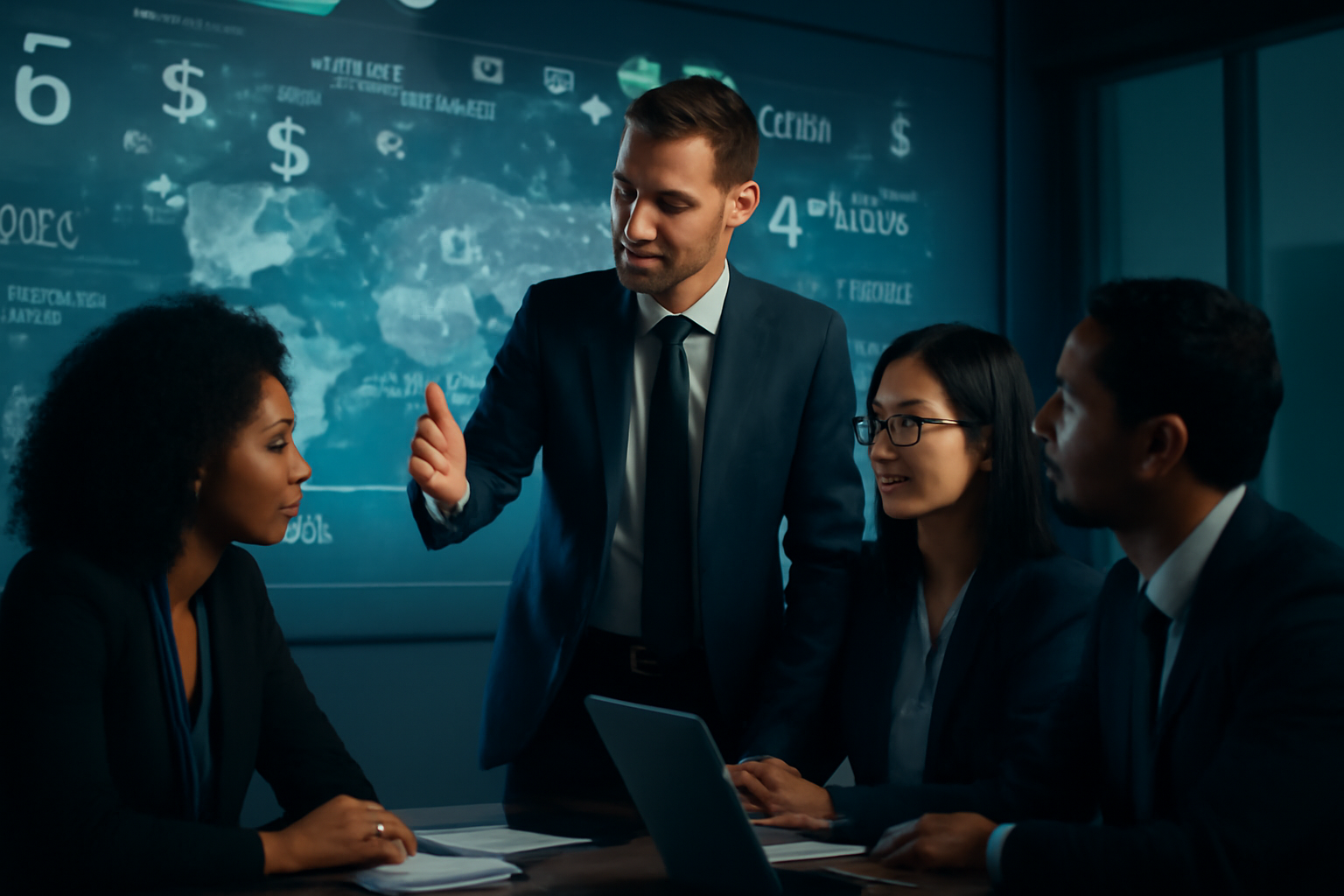Équipe d'affaires multiculturelle planifiant une stratégie numérique globale.