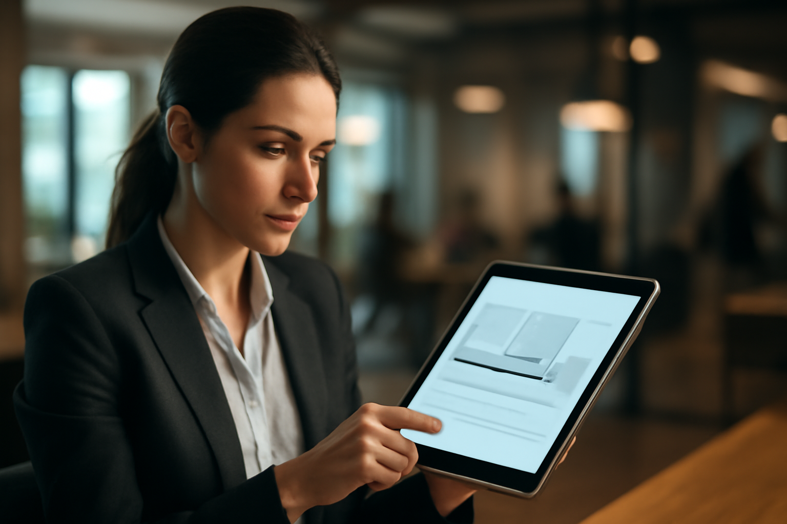 Une professionnelle visualise un site one-page optimisé sur tablette en coworking modern office.