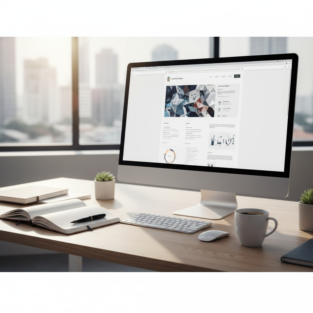 Bureau moderne et épuré avec ordinateur affichant un site web.