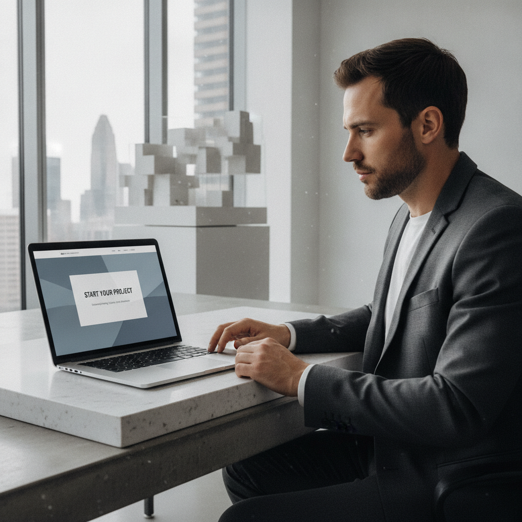 Une architecte examine un site web one-page professionnel sur son ordinateur portable dans un bureau moderne.