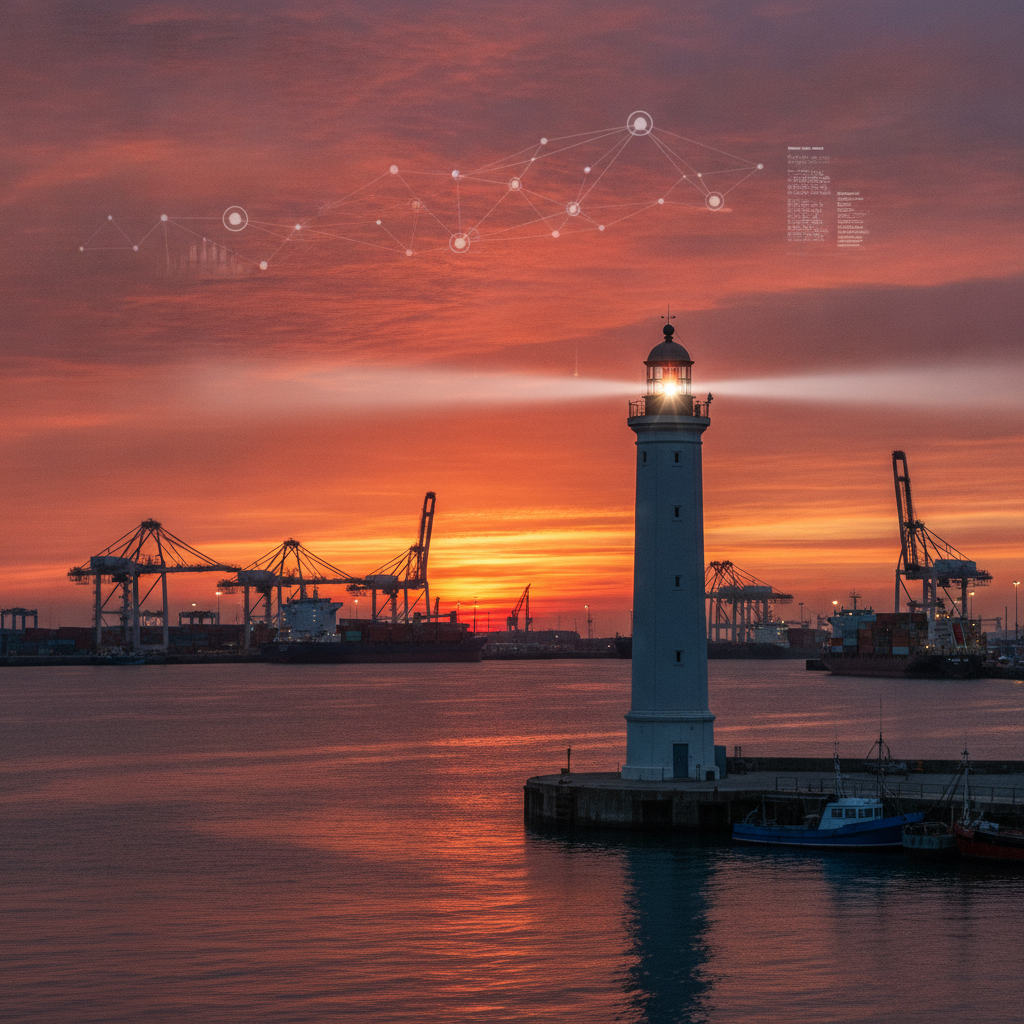 Phare de Calais au coucher du soleil, port en activité, interface web subtile.