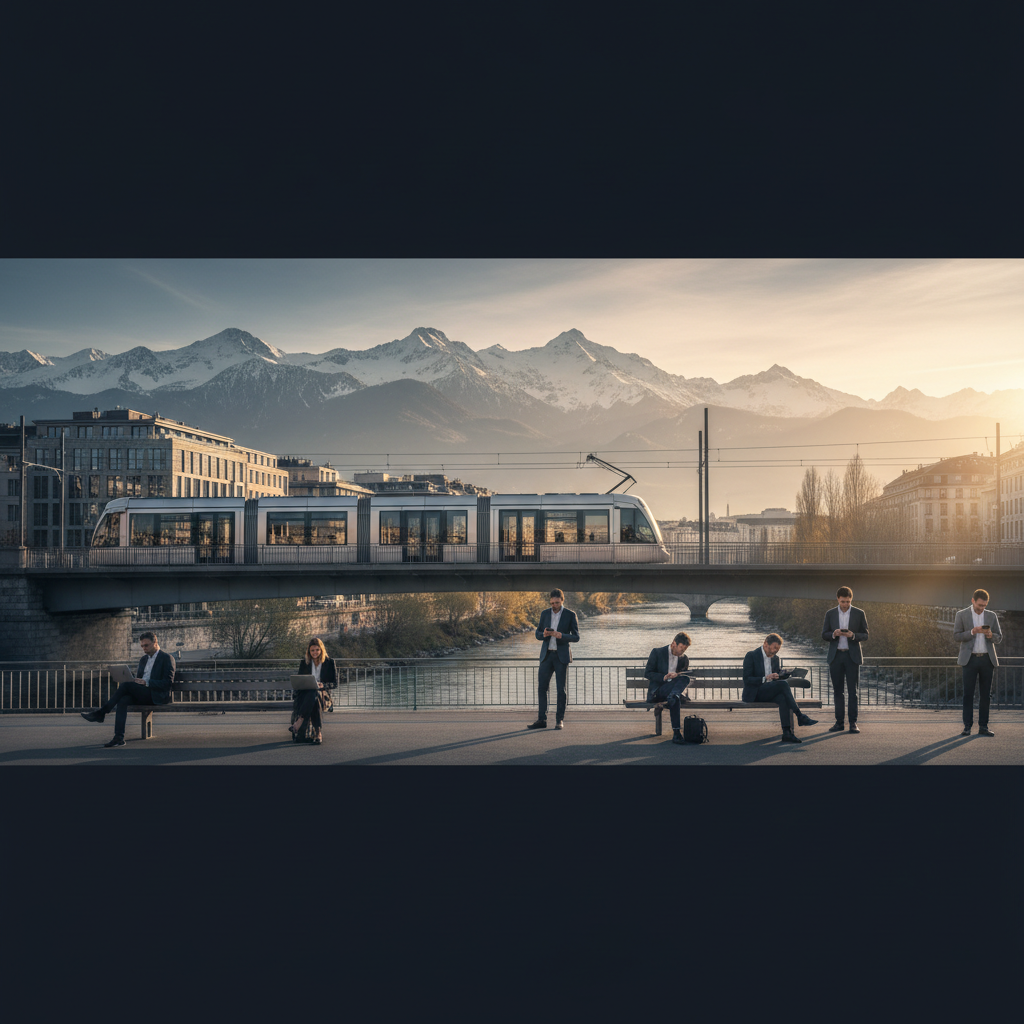 Vue panoramique de Grenoble avec montagnes et activité urbaine numérique.