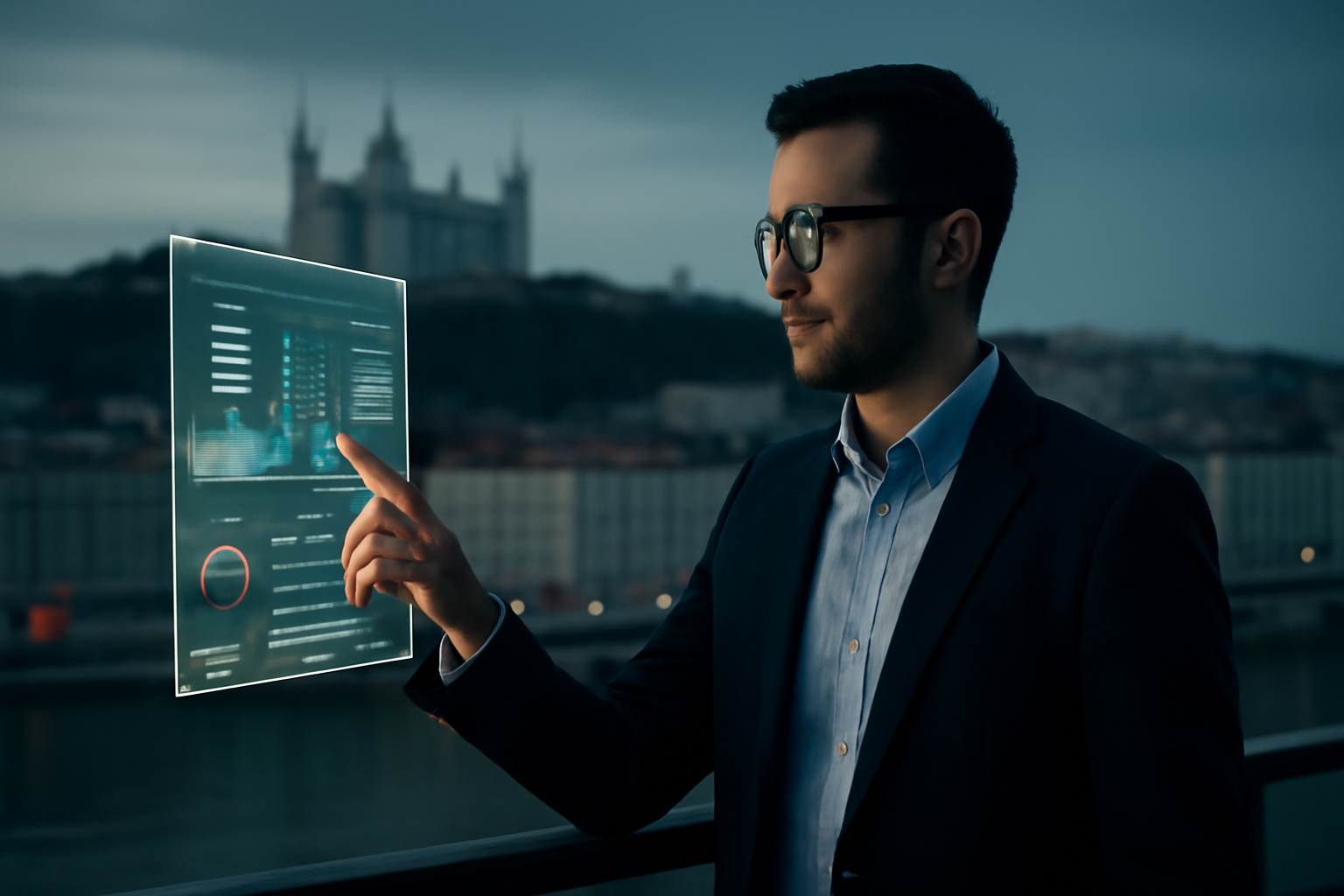 Vue de Lyon avec entrepreneur devant interface digitale