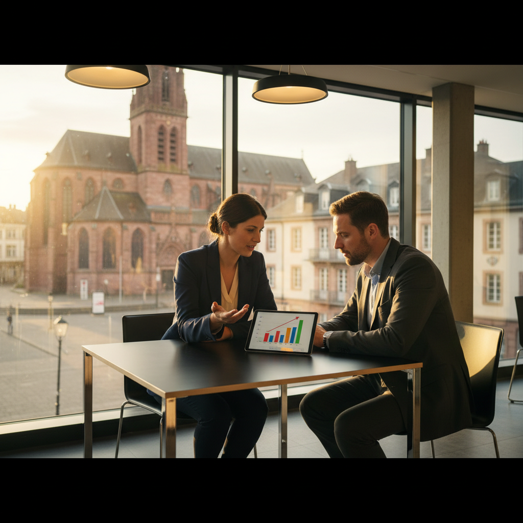 Deux entrepreneurs mulhousiens discutent de stratégie digitale en centre-ville.
