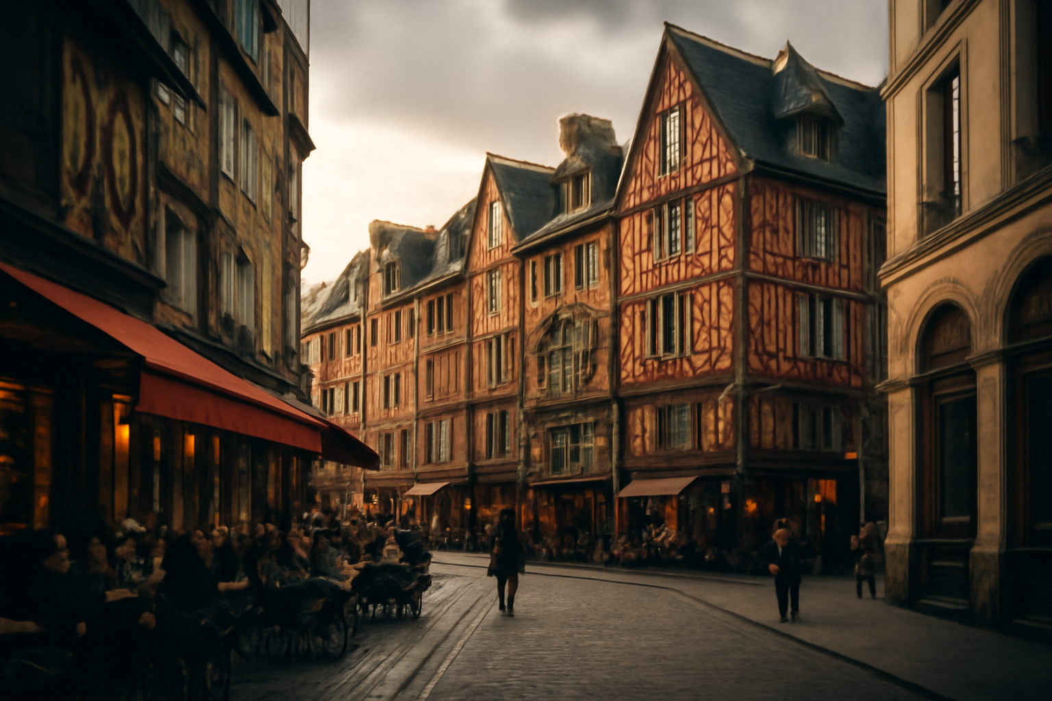 Rue pavée animée de Rennes avec maisons à colombages.