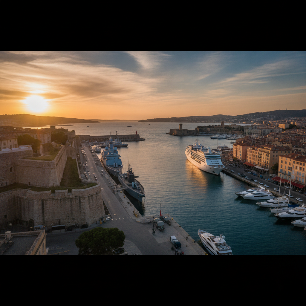 Port de Toulon au coucher du soleil, bateaux et bâtiments historiques.