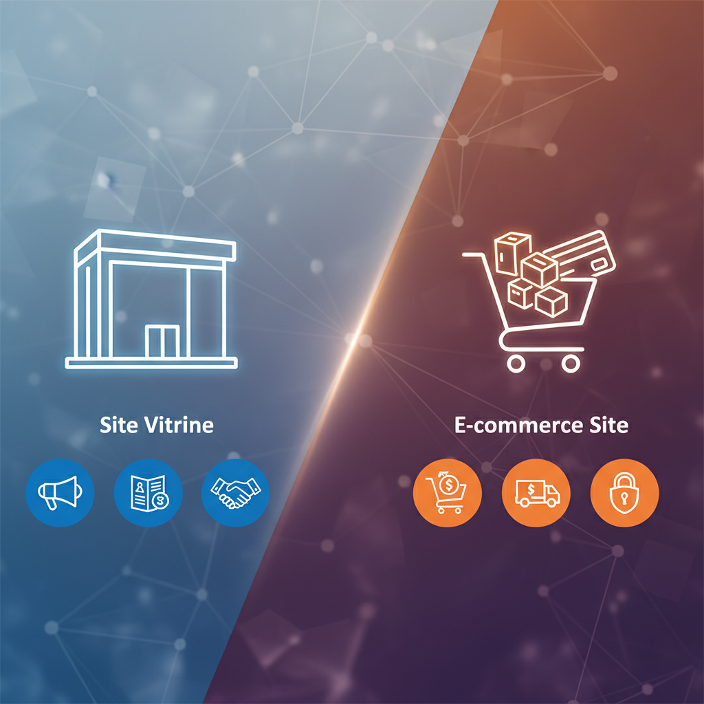 Illustration comparant un site vitrine et un site e-commerce avec des icones