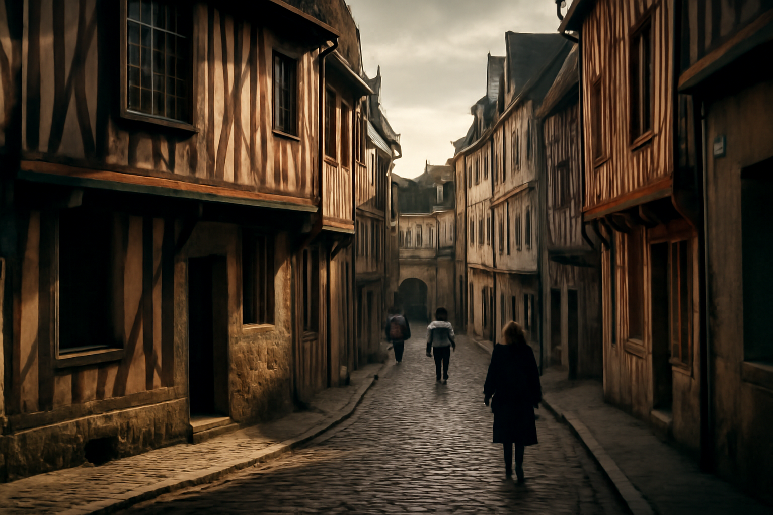 Ruelle pavée historique de Vannes avec maisons à colombages, ambiance bretonne.