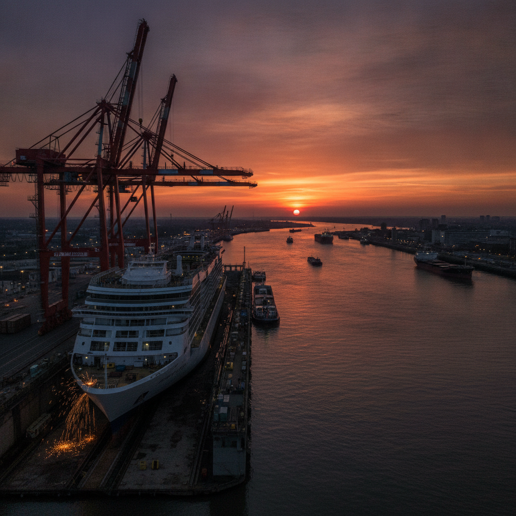 Vue du port de Saint-Nazaire au coucher du soleil, activité industrielle.