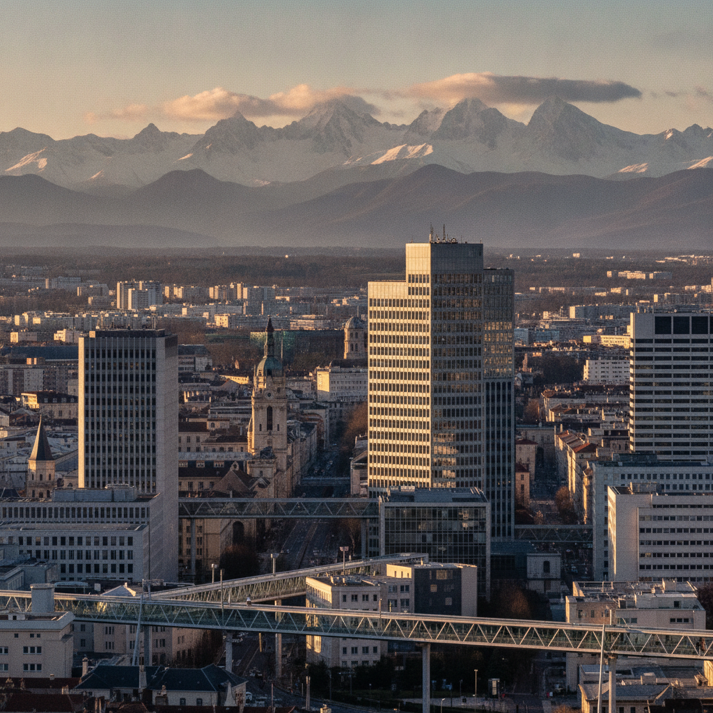 Vue aérienne de Pau avec les Pyrénées, architecture moderne.
