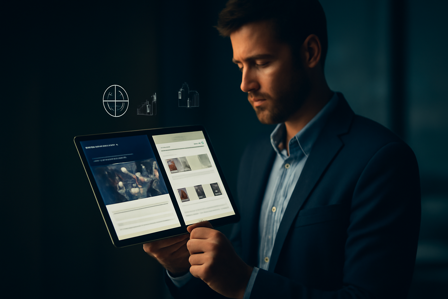 Une entrepreneure consulte une tablette affichant un site vitrine et une boutique en ligne.