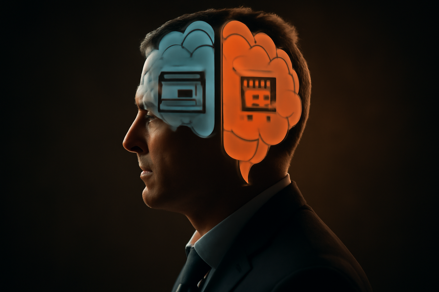 Illustration abstraite du cerveau d'un chef d'entreprise divisé entre un site vitrine et un site e-commerce.