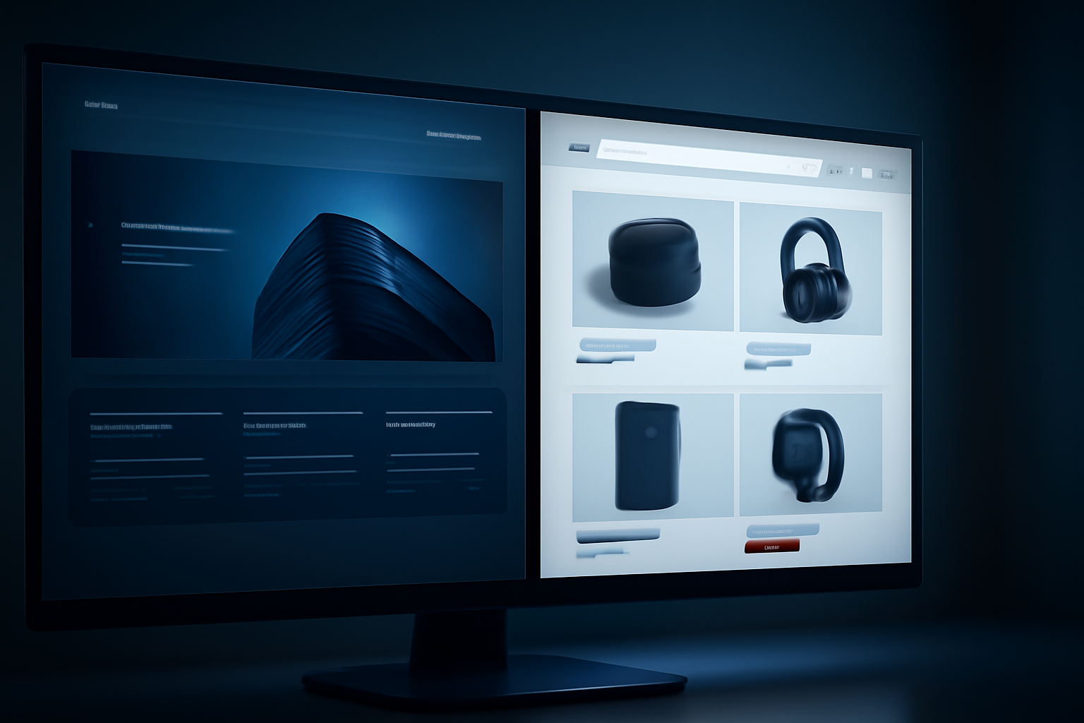 Comparaison visuelle d'un site vitrine et d'une boutique en ligne sur écran.
