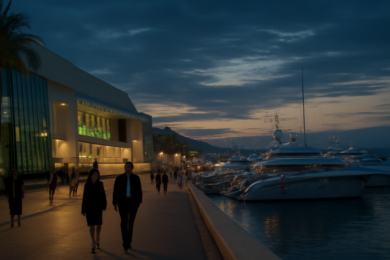 Vue du Palais des Festivals et de la Croisette à Cannes au crépuscule.