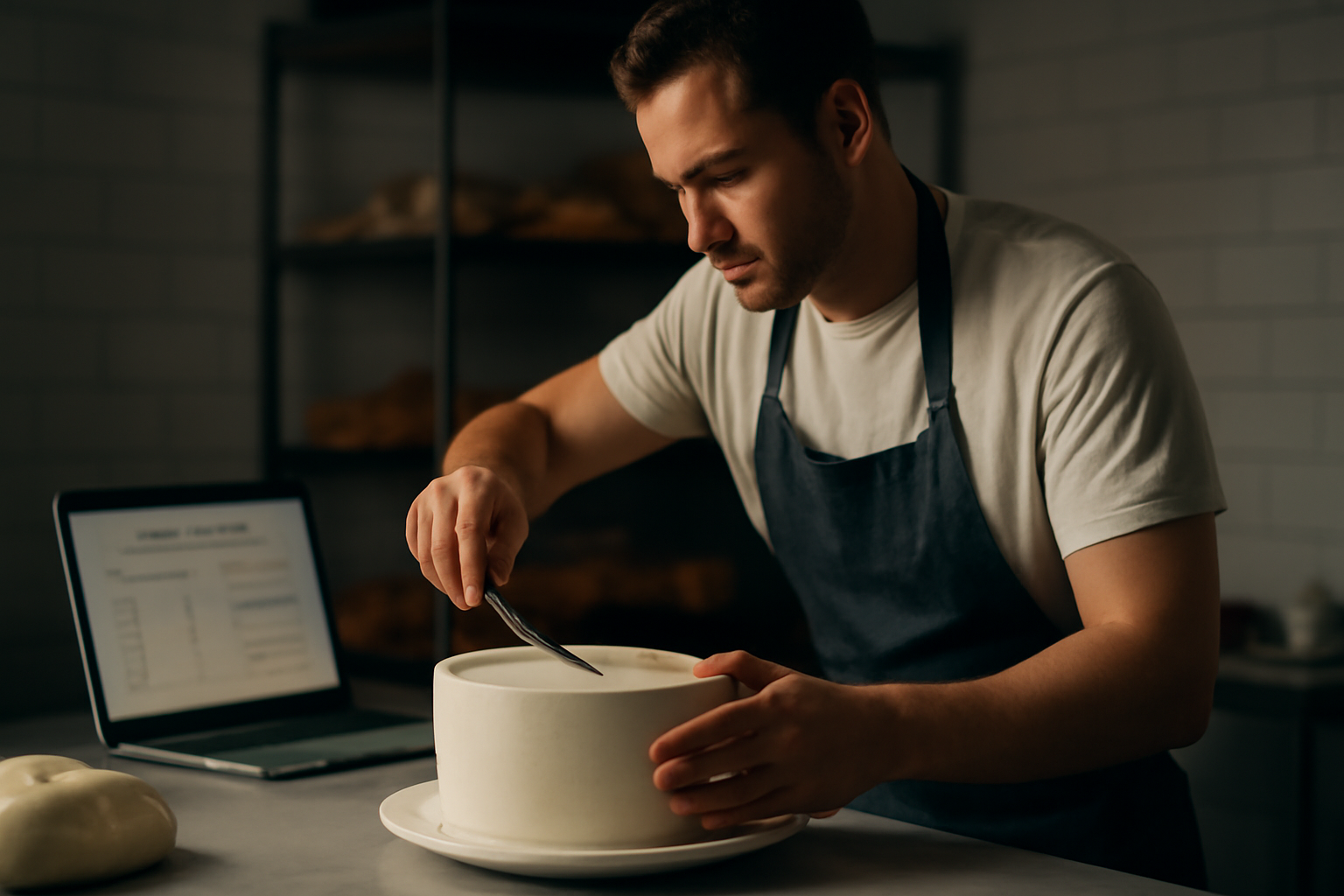 Boulanger décorant un gâteau, un ordinateur affichant une stratégie de contenu.