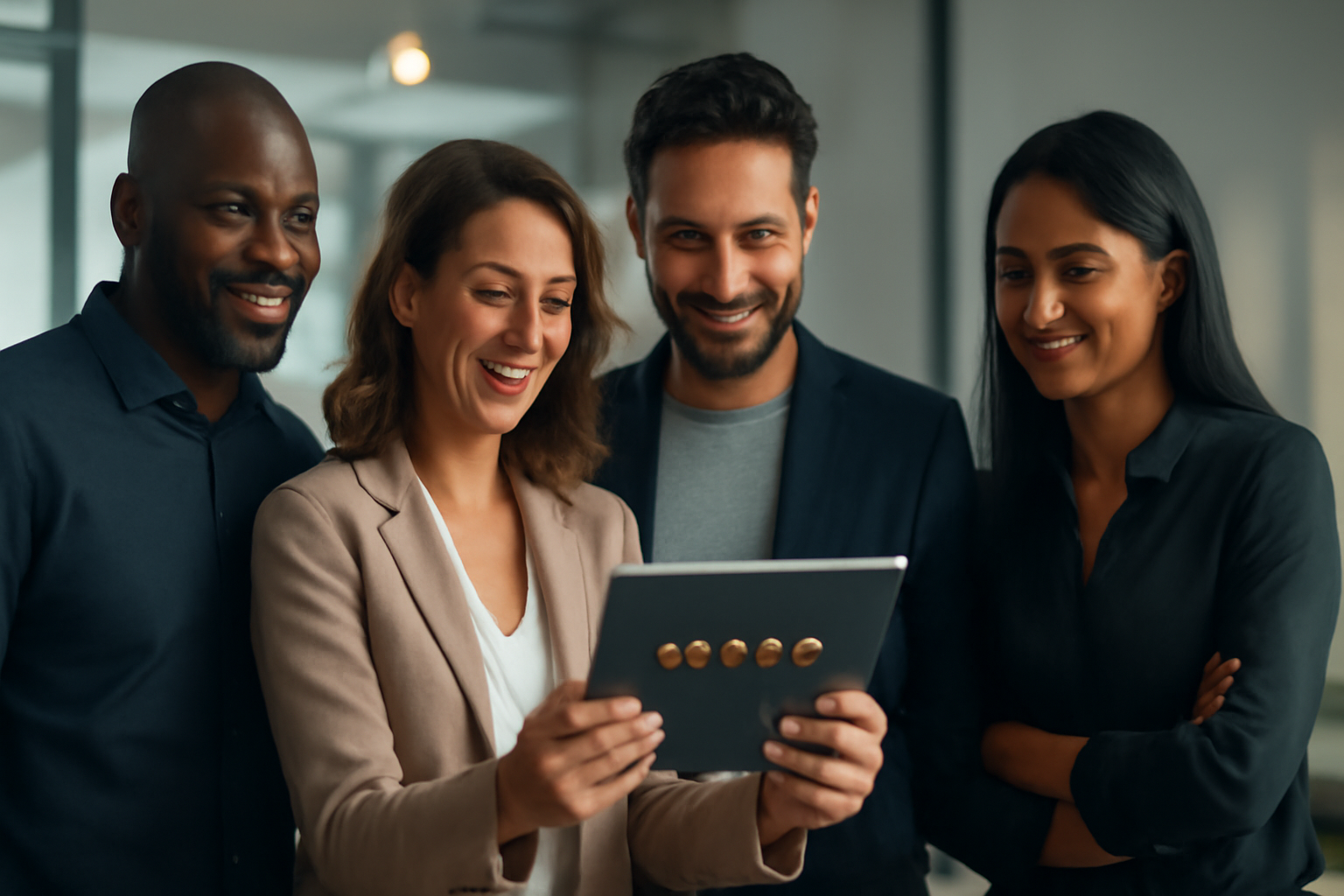 Dirigeants de TPE/PME consultant des avis clients positifs sur une tablette.