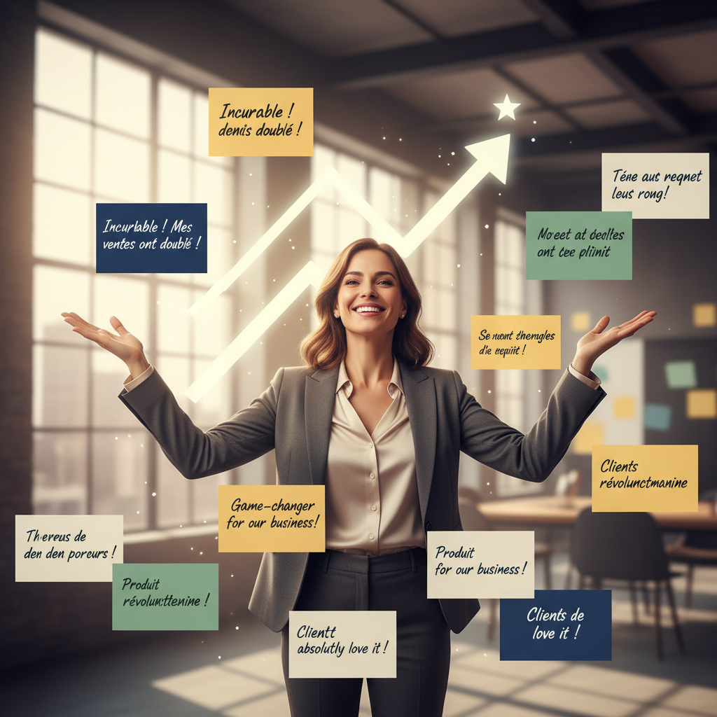 Une femme souriante, signe de succès, entourée de notes et de témoignages clients.