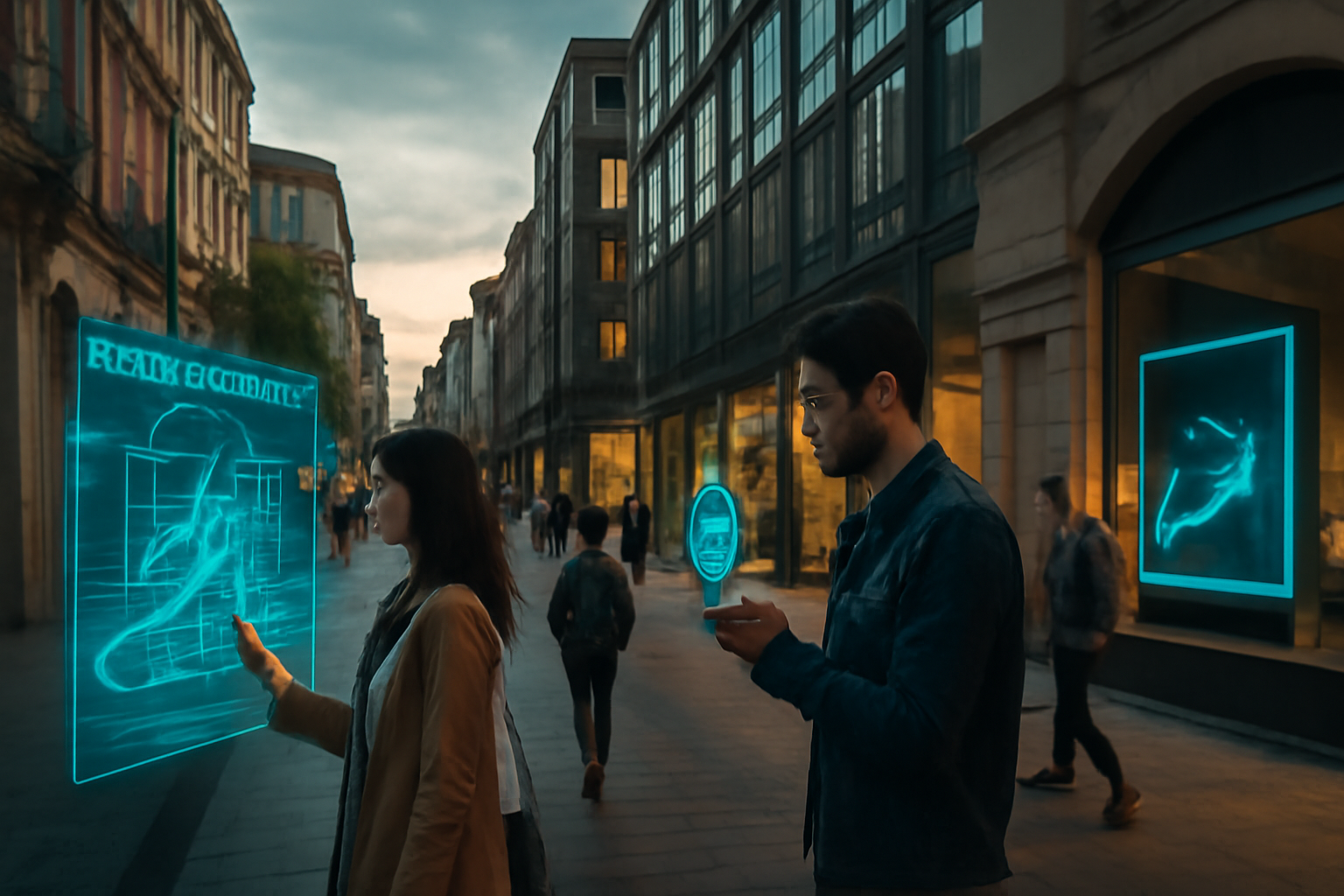 Scène de rue moderne à Saint-Étienne avec réalité augmentée et affichages numériques.