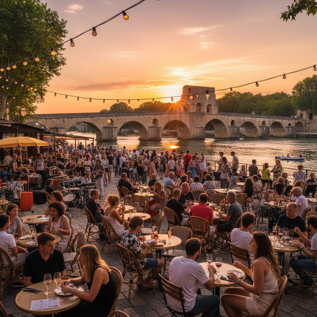 Pont d'Avignon au coucher du soleil, ville animée.